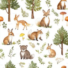 Naklejka premium The woodland creatures in the wild are illustrated in watercolor. Deer, fox, raccoon, rabbit, green trees, pine, fir, flowers. Illustrations for nursery, wallpapers.