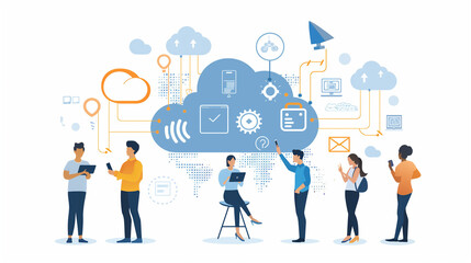 Cloud computing concept with professionals collaborating, featuring data security, connectivity, and digital transformation icons.