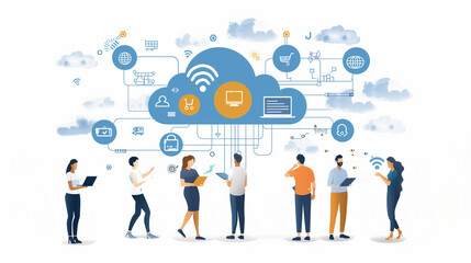 Cloud computing concept with professionals collaborating, featuring data security, connectivity, and digital transformation icons.