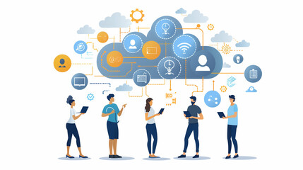 Cloud computing concept with professionals collaborating, featuring data security, connectivity, and digital transformation icons.