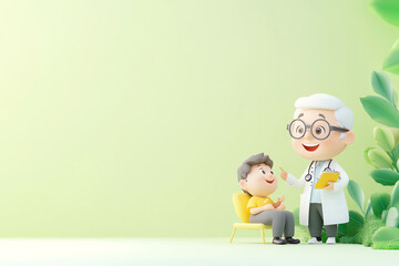A cheerful doctor animatedly interacts with a young patient in a bright, friendly environment, promoting health and care.