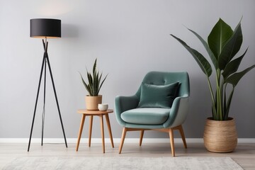 Fototapeta premium Teal Velvet Armchair with Floor Lamp and Plants in a Minimalist Living Room Setting