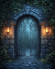 Fototapeta premium Gothic crypt entrance with iron gates, overgrown with dark ivy and flickering lanterns, gothic crypt, Halloween ancient mystery