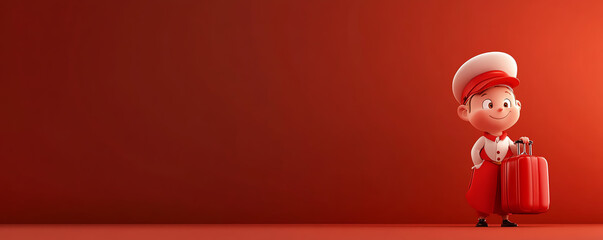 A cheerful young bellhop stands with a suitcase, ready for adventure, against a vibrant red background.