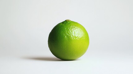 A whole, green lime sits on a white background.
