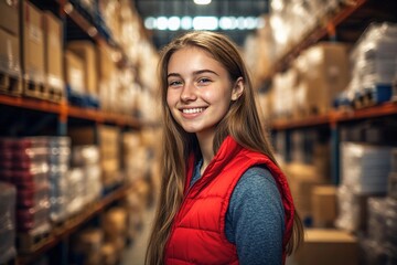 Smiling woman in red vest in warehouse aisle with boxes, soft focus background, warm lighting, confident.