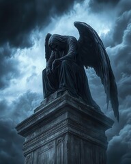 Dark gothic angel with black wings, standing atop a crumbling mausoleum under a stormy sky, gothic angel, Halloween divine horror