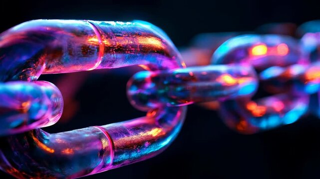 Glowing neon chains with intricate light reflections against a dark background