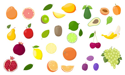 Colored fruit set isolated on a white background. Whole and chopped fruits and green leaves. Vector Illustration, icon. 