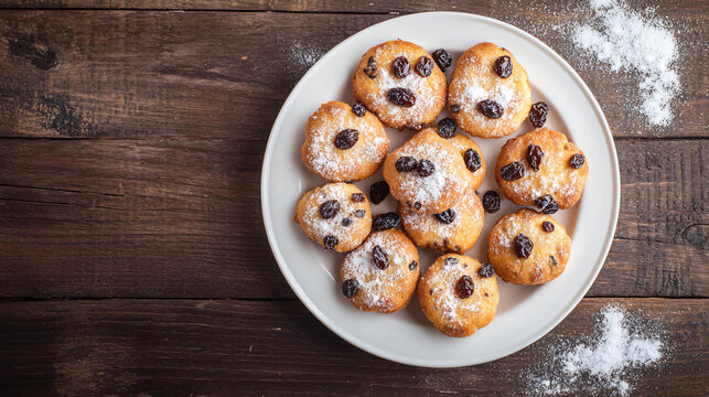 Delicious cookies with raisins are lying on a white plate, sprinkled with powdered sugar, on a dark wooden table