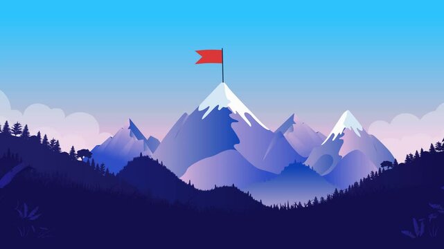 Business goal on mountaintop - Mountain peak with flag on summit. Business strategy, leadership, planning, and challenge concept in vector illustration style animation