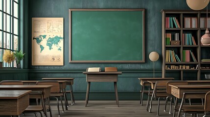 Classic classroom with wooden desks, clean green chalkboard, educational posters, inviting learning space.
