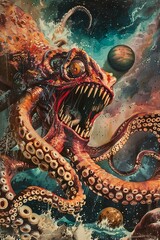 Fototapeta premium Giant space kraken octopus monster pulp sci-fi creature design