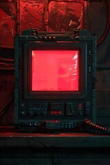 Digital cyberpunk handheld mobile device with led screen and glowing buttons and scanlines