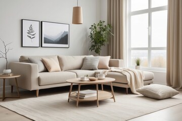 Fototapeta premium Minimalist Living Room with Sectional Sofa and Coffee Table
