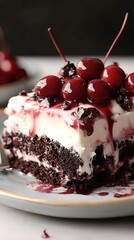 Black Forest Tres Leches cake with vibrant plating and natural lighting, showcasing a rich and indulgent dessert.