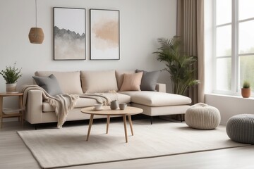 Modern Minimalist Living Room with Sectional Sofa and Wooden Coffee Table