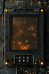 Retrofuturistic sci-fi handheld monitor screen device with led buttons and glowing frame