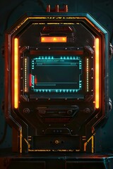 Obraz premium Retrofuturistic sci-fi handheld monitor screen device with led buttons and glowing frame