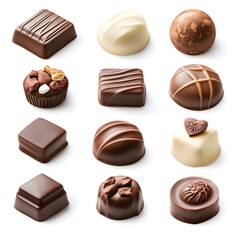 Fototapeta premium Knolling illustration of a chocolate bar on a white background, featuring a clean and organized layout in clip art style.