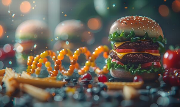 Genetic Mutation Illustrated with Fast-Food Elements, A detailed image of a DNA strand showing mutations or alterations influenced by fast-food items