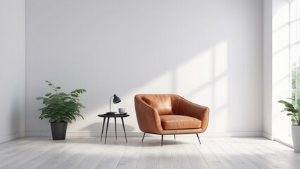 A brown leather armchair in a minimalist living room