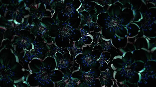 Stylish dark oriental floral pattern background with delicate glowing neon flowers. Elegant Asian style exotic flowers animation.