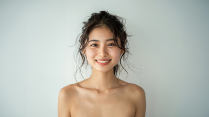 Obraz premium A beautiful Japanese woman with long flowing hair smiles radiantly in a white sleeveless top. The simplicity of the outfit and her joyful expression make.