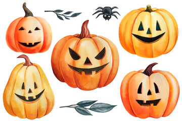 Halloween orange pumpkins set watercolor isolated background. Hand drawn autumn clipart. Cartoon pumpkins, spider, leaf 