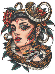 Beautiful womans face wearing snake costume very simple traditional tattoo flash styles illustration