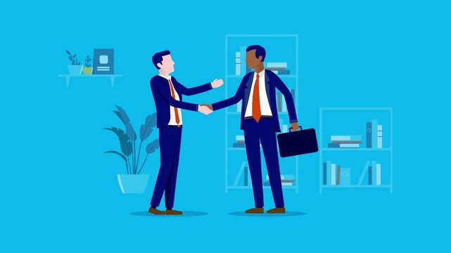 Business handshake in office animation - Flat design vector characters of two businessmen doing handshake over corporate agreement, negotiation and deal at work