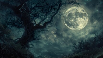 Mystical Forest Night with Full Moon