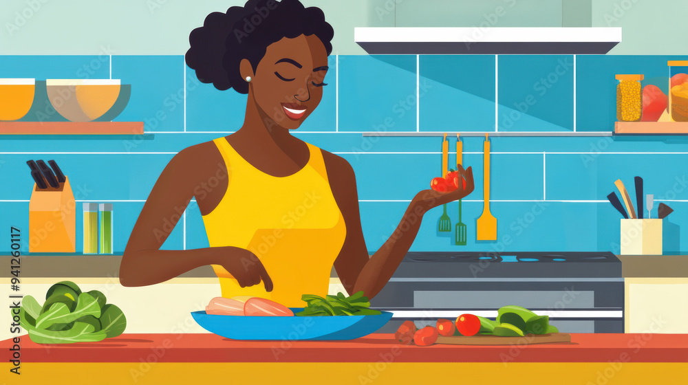 Canvas Prints A woman in a kitchen preparing food with vegetables and fruits, AI