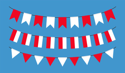 Fototapeta premium Indonesia flag garland hanging on ropes for Independence Day celebration. Indonesian flags isolated on blue background. Vector illustration.