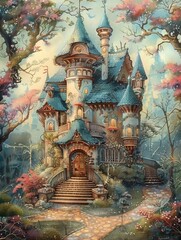 Fototapeta premium A beautiful painting depicting a whimsical fairy house situated in the midst of an enchanting forest, with a butterfly gracefully flying above it