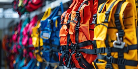 Fototapeta premium An portrait of a well-organized industrial safety harness and fall protection equipment arranged in a row against a hazy background and space for text, Generative AI.