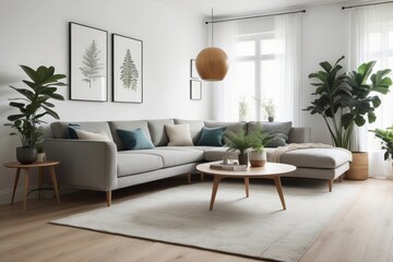 Fototapeta premium Modern living room with sectional sofa, coffee table, and plants
