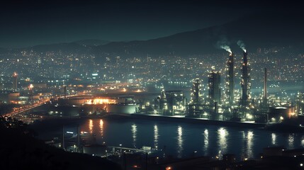 Fototapeta premium Industrial oil refinery at twilight, panoramic view, urban lights dusk colors wide-angle, realistic.