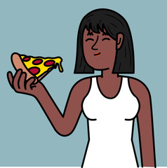 black  woman enjoying a delicious pizza.eps