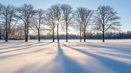 Obraz premium The shadows of leafless trees stretch beautifully across the snow-covered fields, striking a contrast against the white winter landscape. The simplicity of a cold and peaceful winter day.