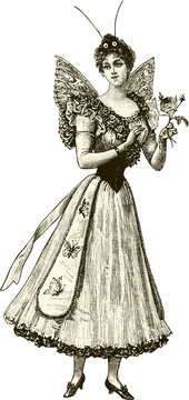 butterfly woman disguise vintage illustration with transparent background