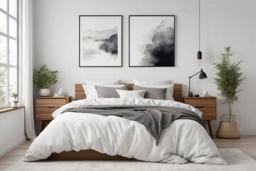 Minimalist Bedroom Interior with White Bedding and Foggy Mountain Artwork