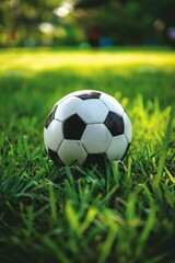 Fototapeta premium A black and white soccer ball resting on lush green grass