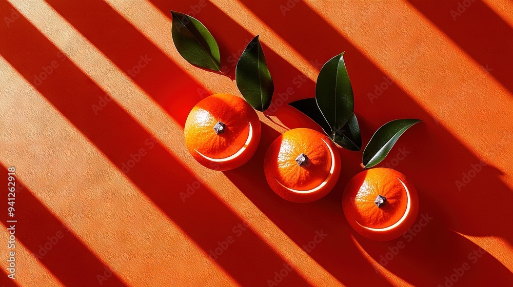 Wall mural   Oranges on table with green leaf next to them