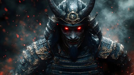 Fototapeta premium Fierce Demon Samurai Warrior in Ornate Traditional Armor with Glowing Red Eyes