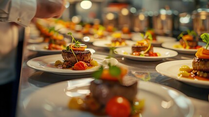 A chef is plating a line of gourmet meals.