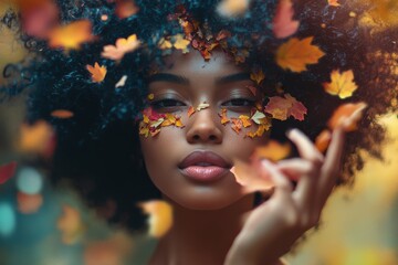autumn black woman surrounded by vibrant fall leaves, with a bright leafy hairstyle, pointing her hand and blowing leaves in a gentle breeze