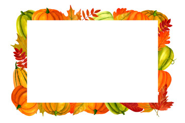 Pumpkin and autumn leaves frame, watercolor realistic botanical illustration, for prints, invitations, cards for the autumn holidays Thanksgiving, Halloween, harvest festival, farmer's market.