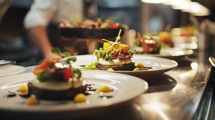 A line of plated food in a restaurant kitchen.