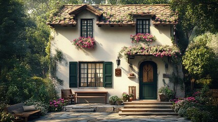 A charming cottage surrounded by blooming flowers and greenery in the afternoon light invites tranquility and serenity